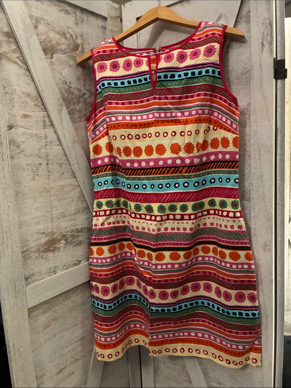 Talbots Multicolor Textured Shift Dress with Floral & Dot Motif